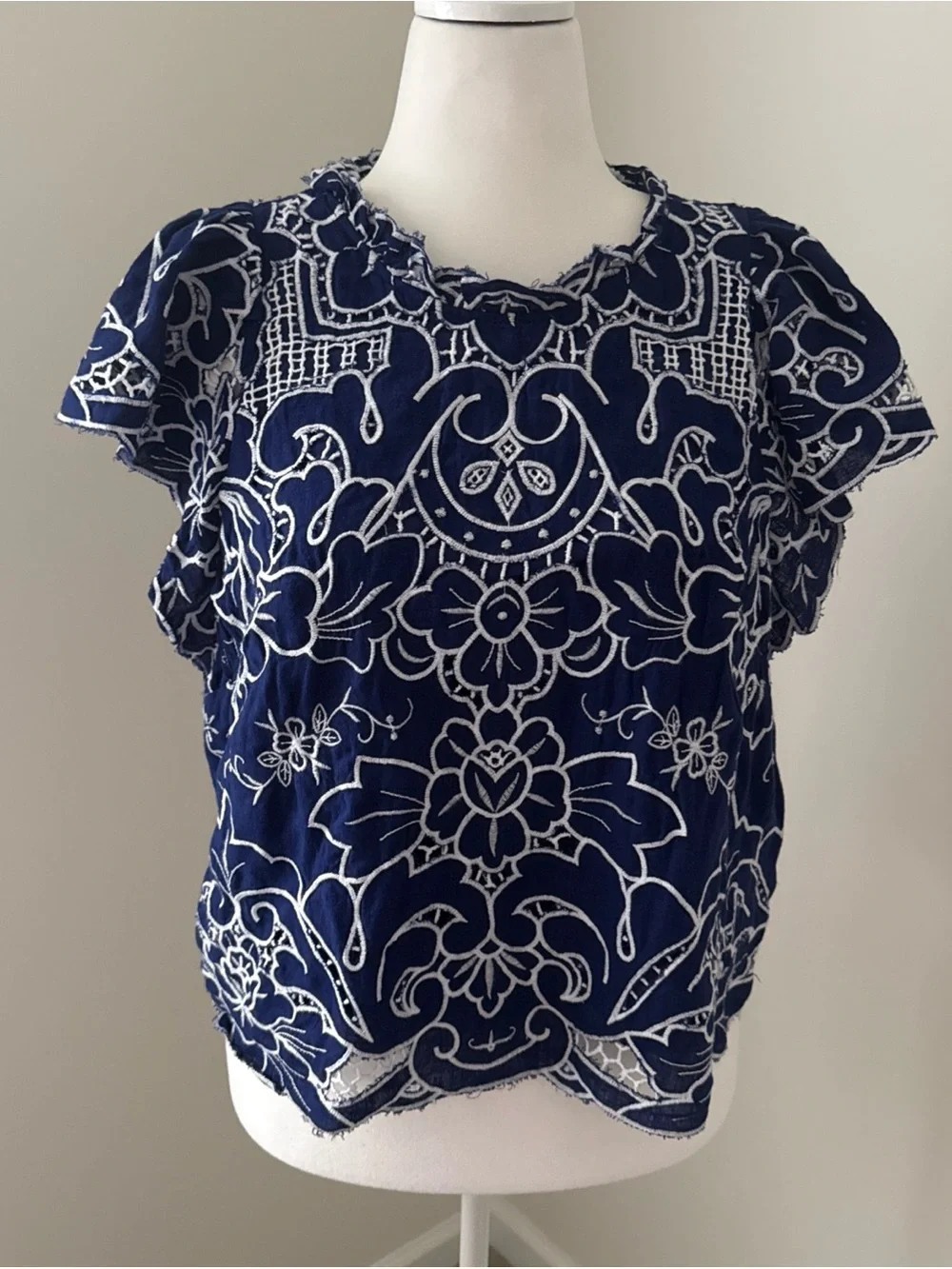 NWT Anthropologie Lace Cutout Blue Embroidered Blouse Sz L